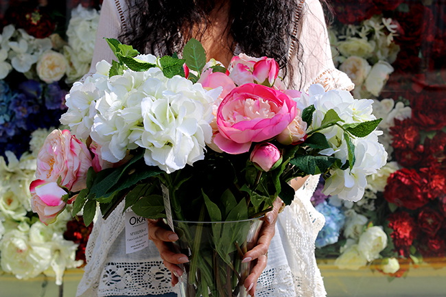 Faux flower arranging with OKA