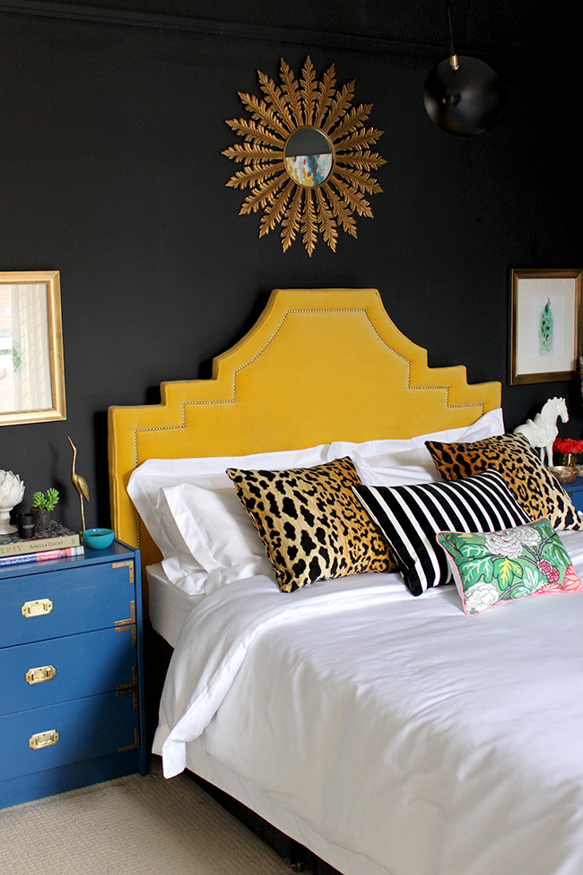 Secret Linen Bedding, Yellow Headboard, Black Bedroom