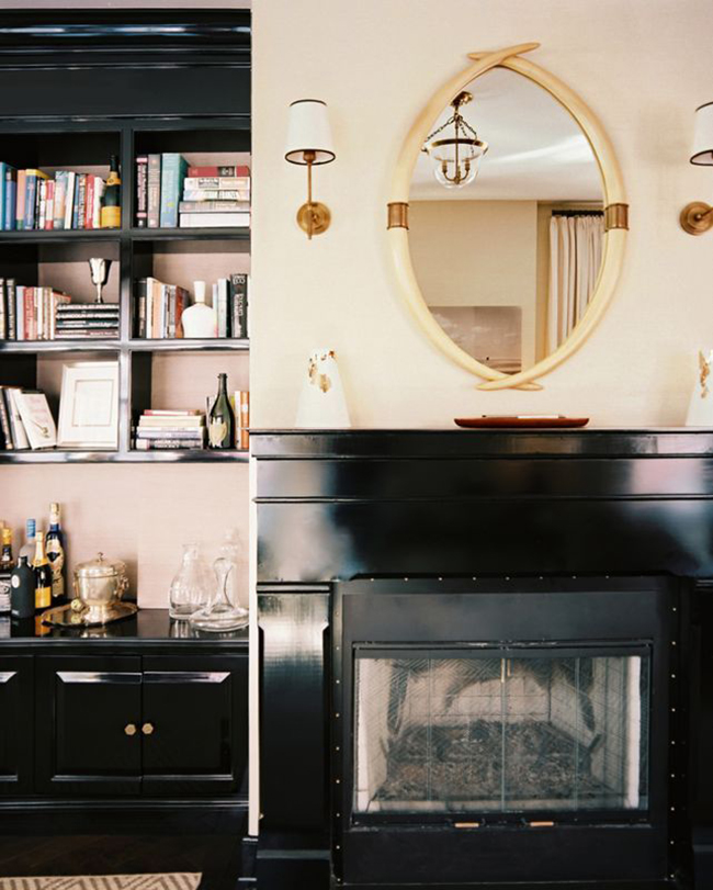 pink walls with black gloss fireplace