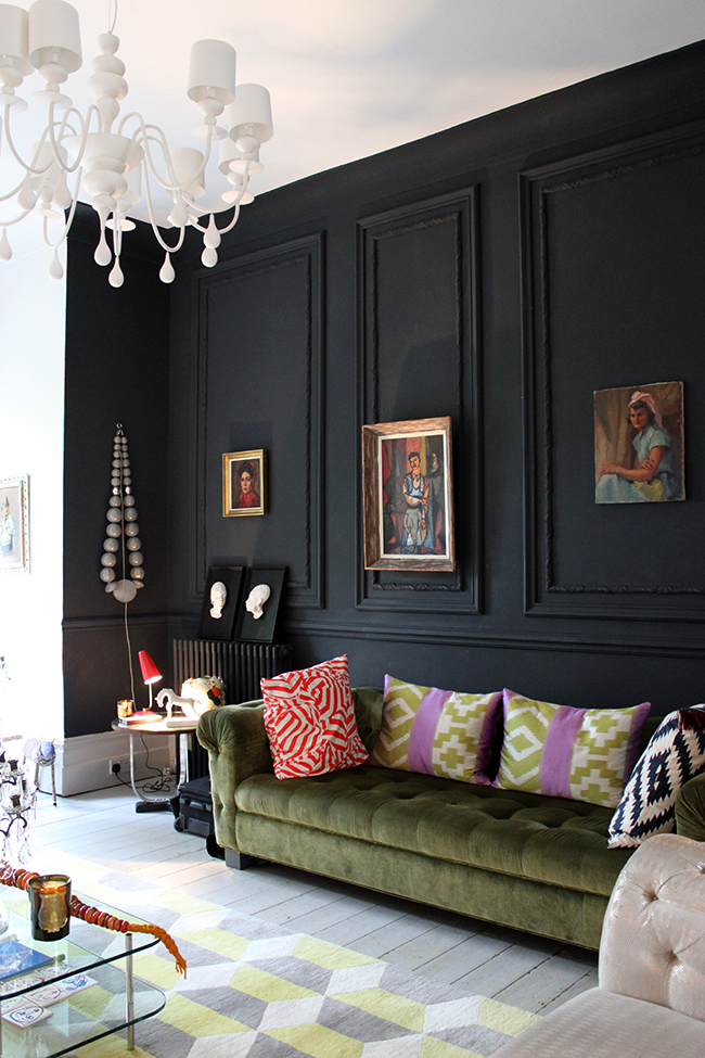 black feature wall olive green velvet chesterfield - Swoon Worthy - LivingEtc House Tour
