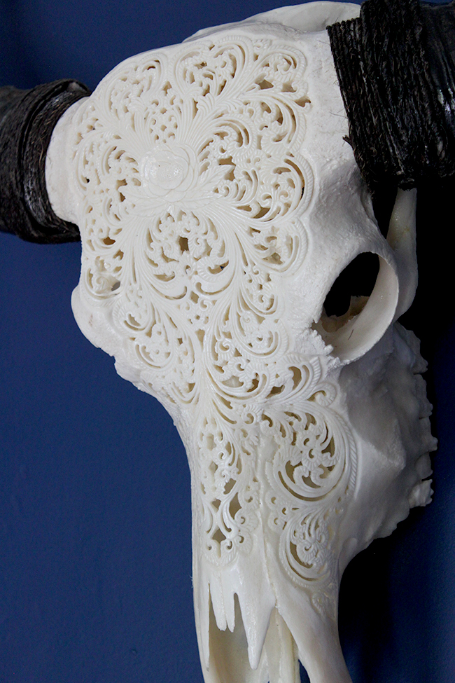 Check out the new addition to my dining room, a beautifully-carved skull from Skull Bliss