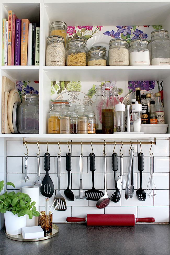 Wallpapered kitchen shelves