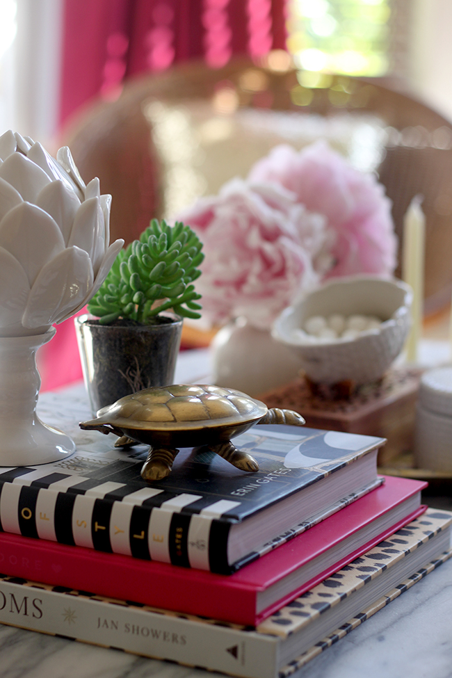 coffee table vignette with vintage brass turtle - see more at www.swoonworthy.co.uk