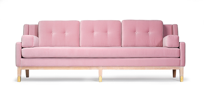 blush pink velvet sofa from open plan living.net
