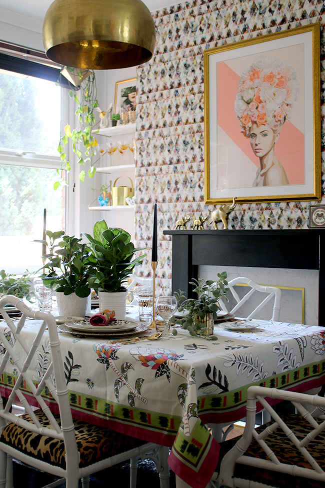 boho glam table setting with botanical and animal prints