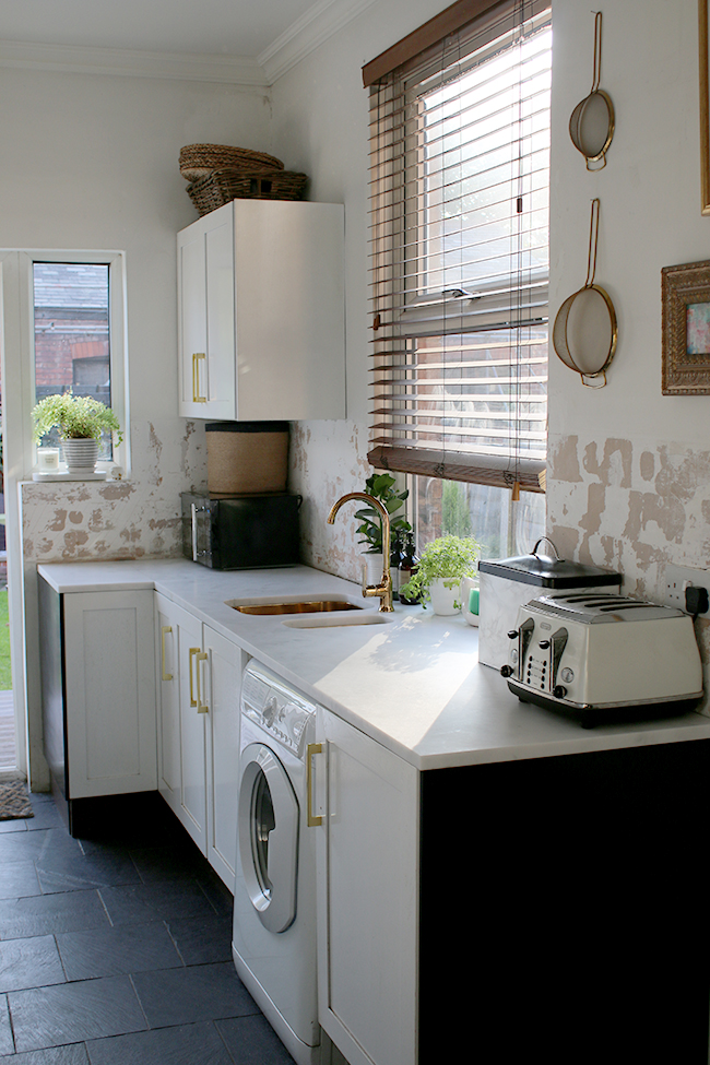 kitchen remodel progress shot - white cararrara marble acrylic worktops