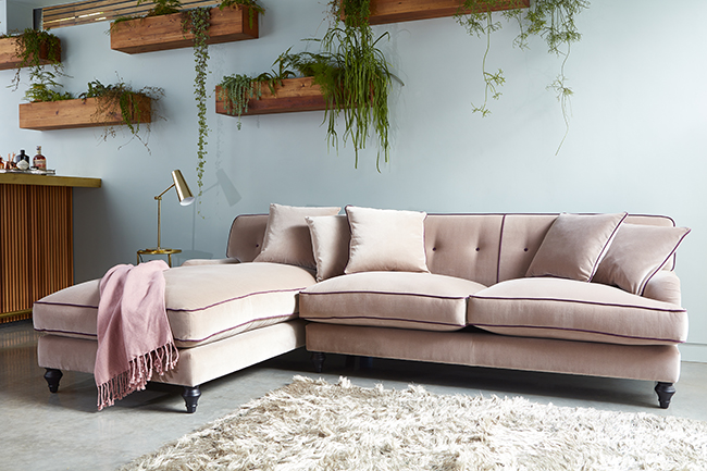 velvet blush pink l-shaped sofa from darlings of chelsea