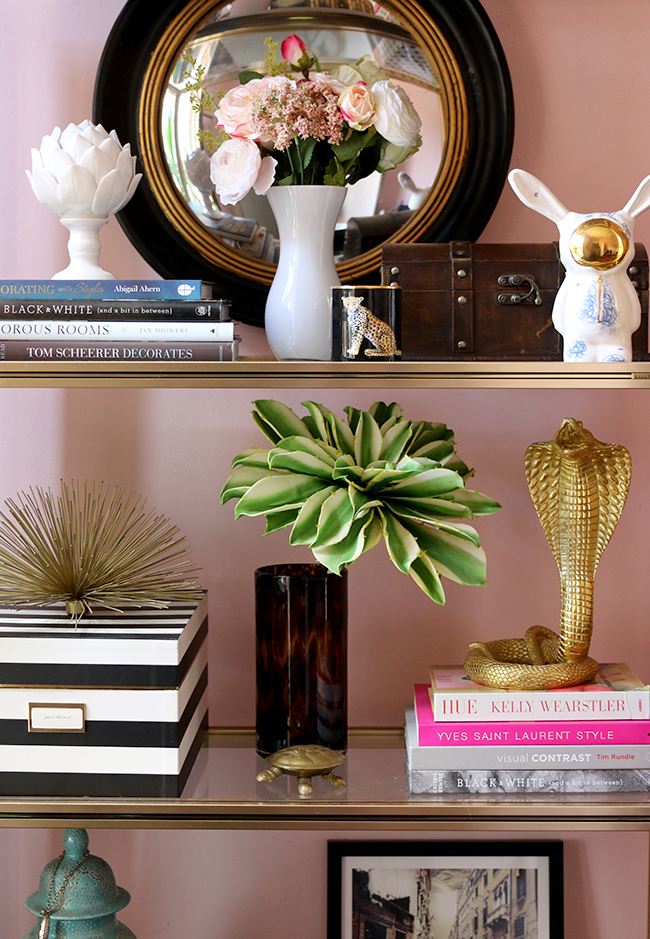 brass shelf styling with Halcyon Days candle