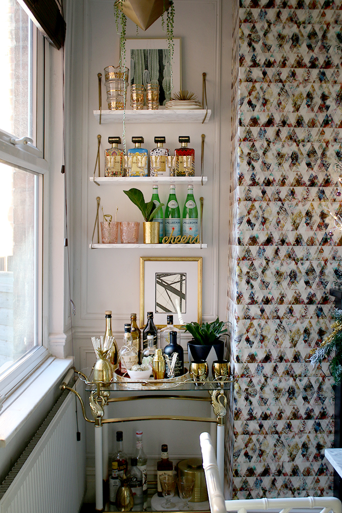 bar cart styling with hanging shelves