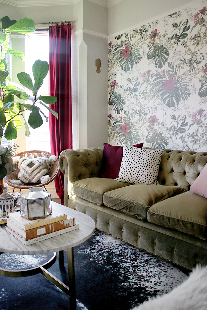 boho glam living room with olive green velvet chesterfield