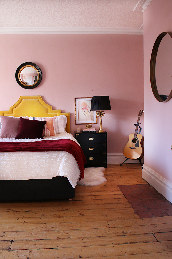Farrow and Ball Calamine Paint in bedroom with accents of burgundy
