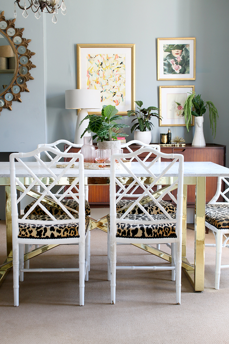 dining room with faux bamboo chairs boho glam
