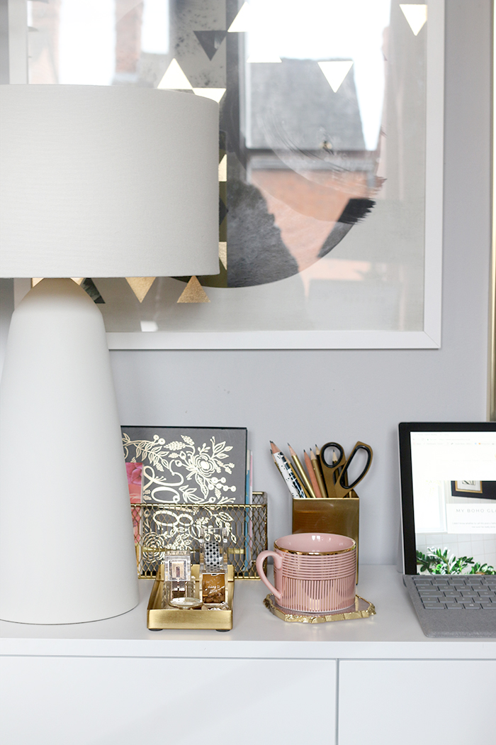 home office desk in white pink and gold