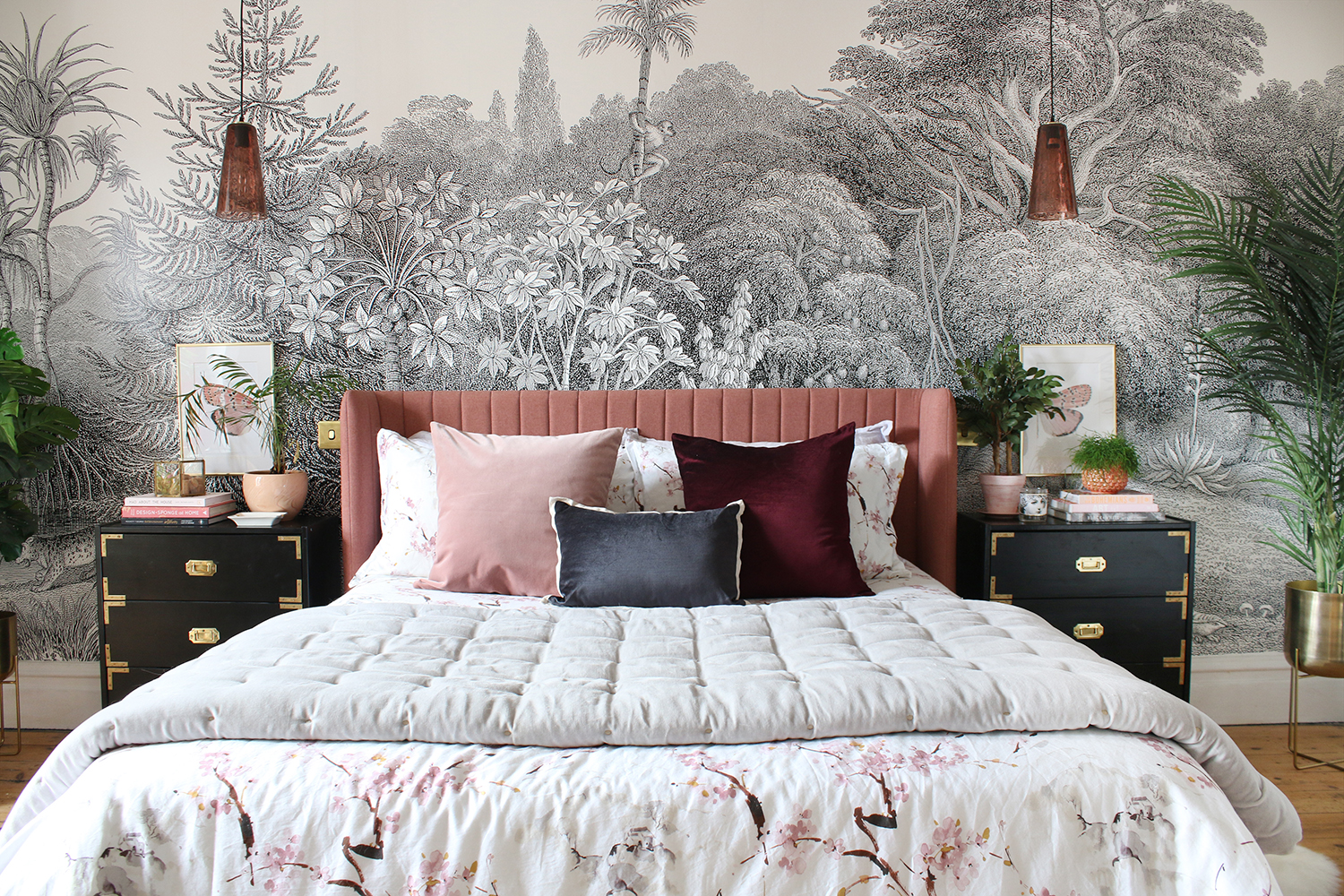 Pink bed with black and white wall mural bedroom makeover