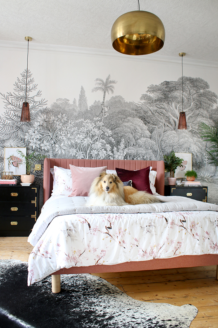 Sheltie dog on pink bed with black and white wall mural and gold accents