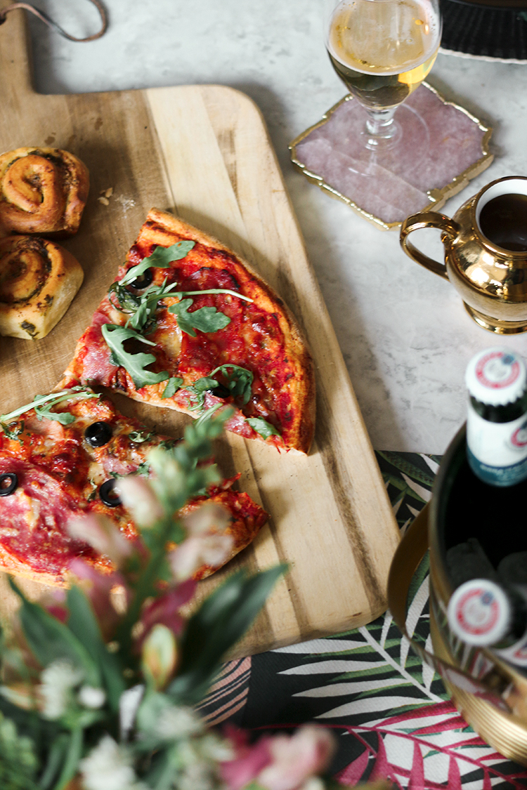 pizza and beer night date table setting