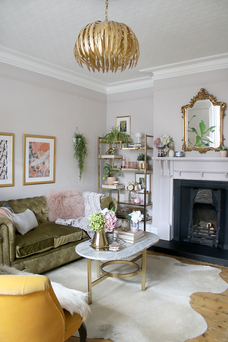 boho glam living room makeover in pink green and gold