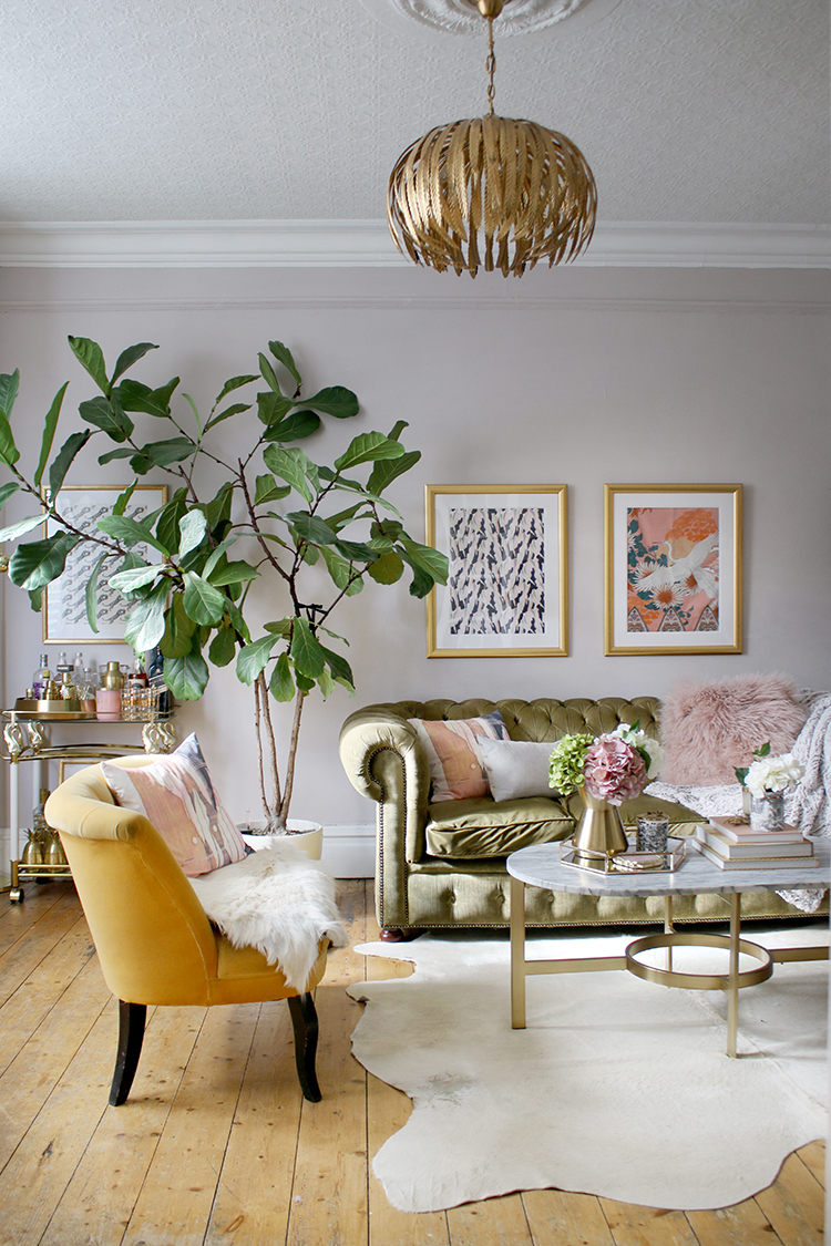 Eclectic Boho Glam living room in pink green and gold