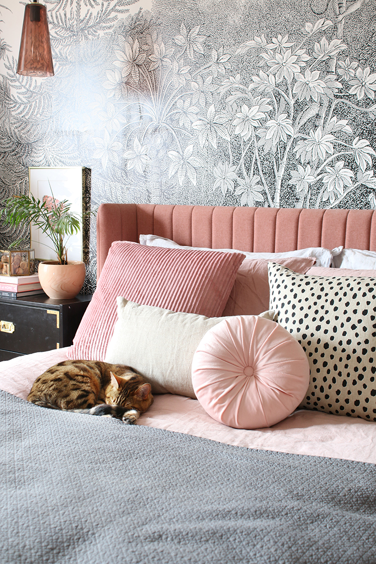 Pink bedroom with cat on bed and black and white wall mural