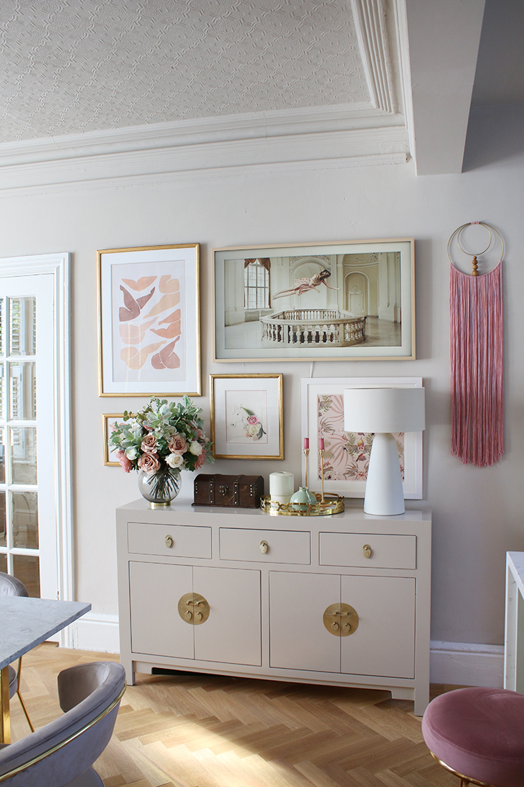 dining room sideboard with gallery wall and Frame TV in pink and taupe