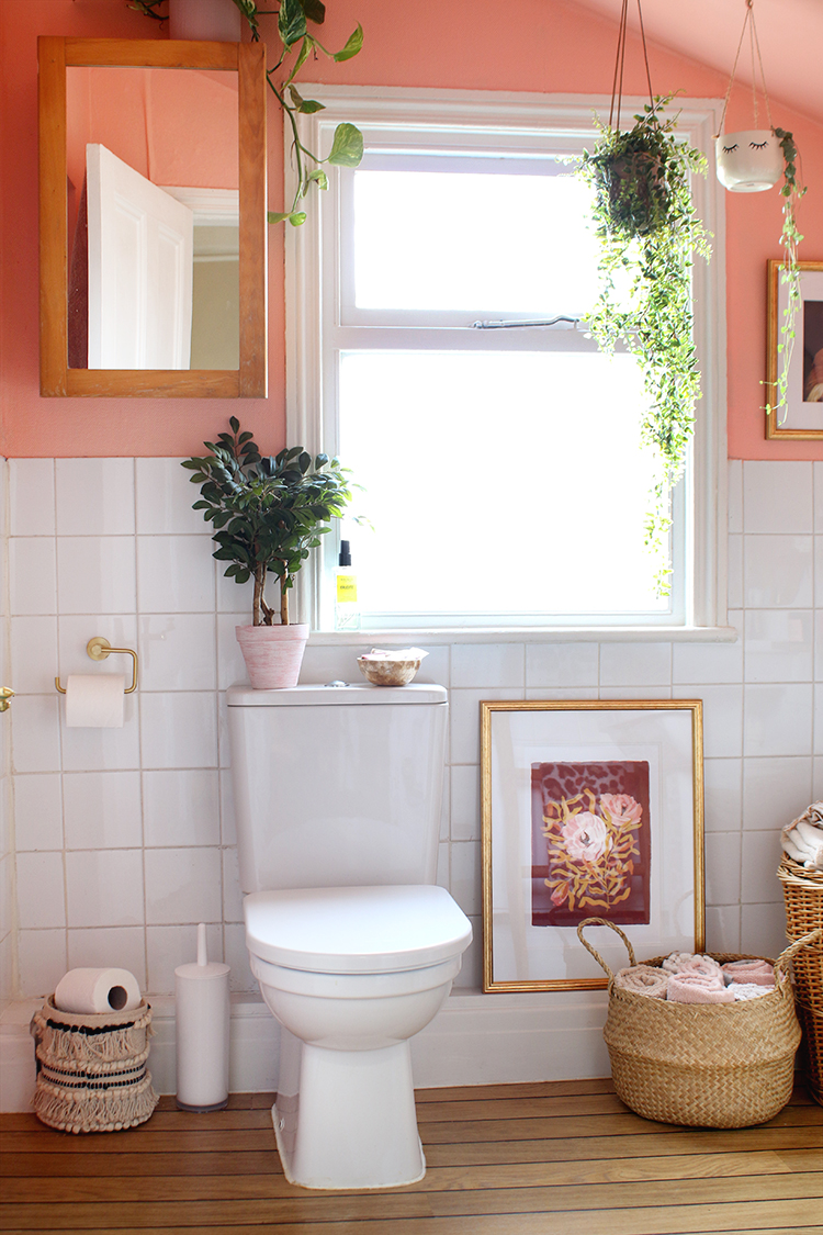 Bathroom storage solutions - peach bathroom with plants