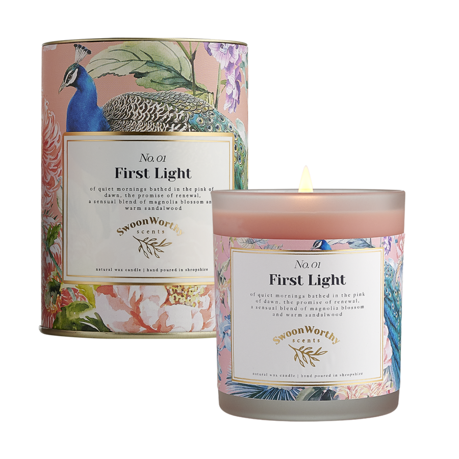No 1 First Light Candle lit with packaging