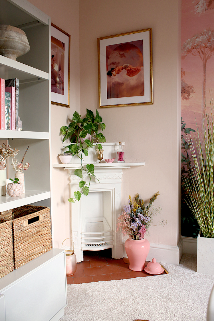 corner Victorian fireplace in peach office